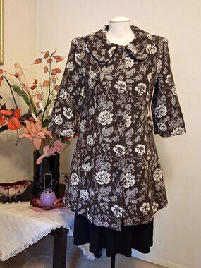 Elegant Floral Pea Coat Lined 100% Cotton Trench Coat Warm Peacoat Outerwear XL
